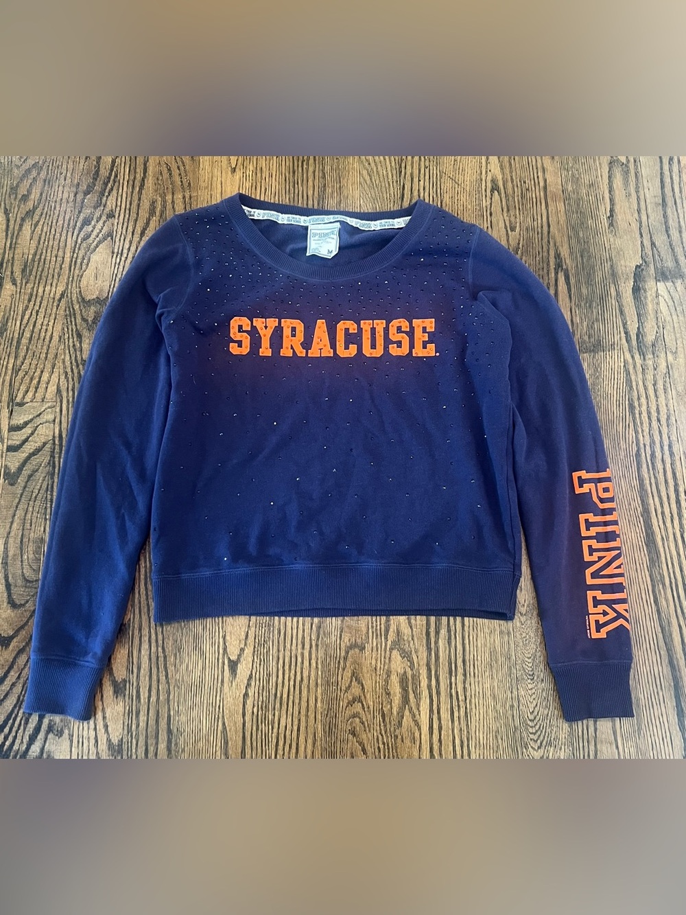 PINK Victoria's Secret Navy Blue Syracuse Rhinestone Sweatshirt with Orange Logo